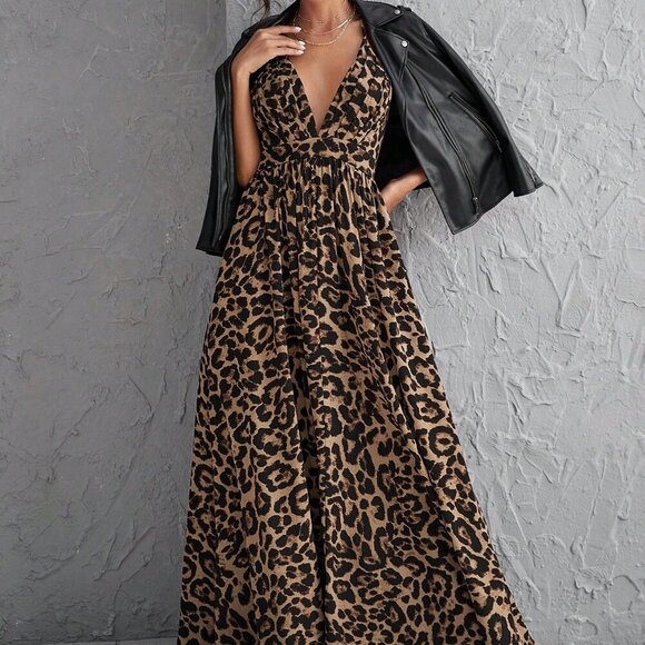 Multicolor Sexy Women's Plunging Neck Crisscross Open Back Leopard Print Dress - Picture 1 of 6